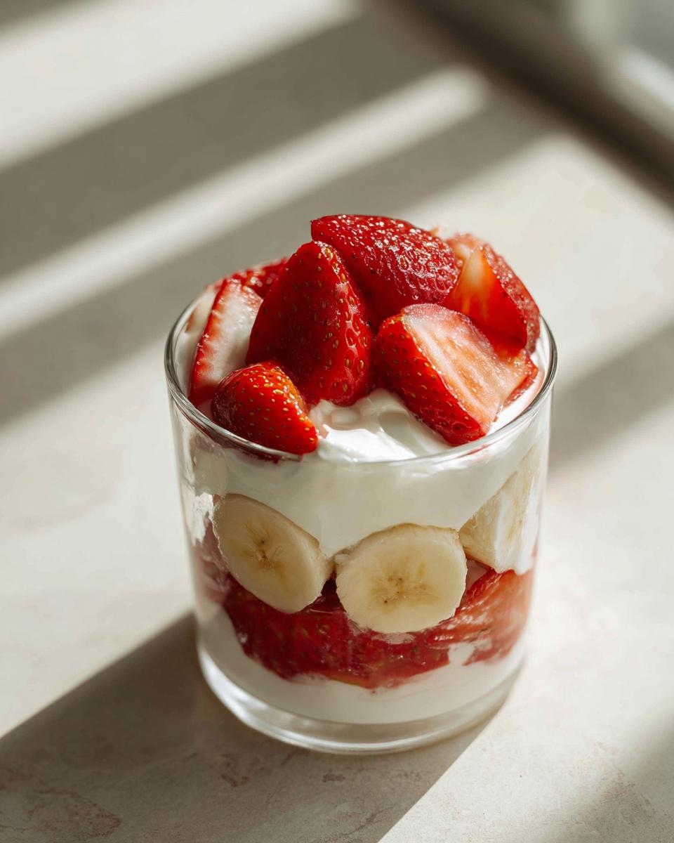 Close-up of a Strawberry Banana Pup Parfait with plain yogurt, strawberries, and bananas.