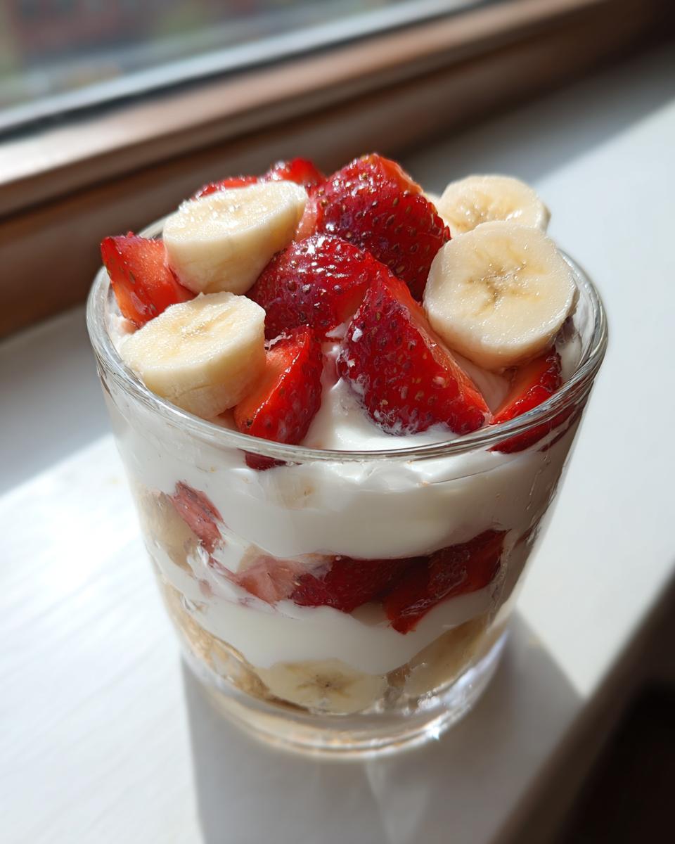 A layered Strawberry Banana Pup Parfait with plain yogurt, strawberries, and bananas in a glass.