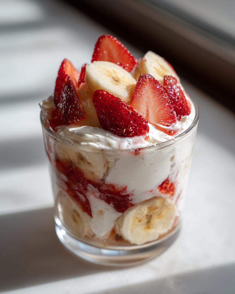 Close-up of a Strawberry Banana Pup Parfait with plain yogurt, strawberries, and bananas.