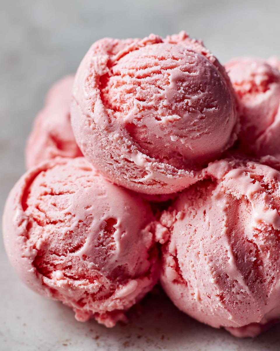 Close-up of several scoops of pink Strawberry Yogurt Dog Ice Cream, perfect for a dog treat.