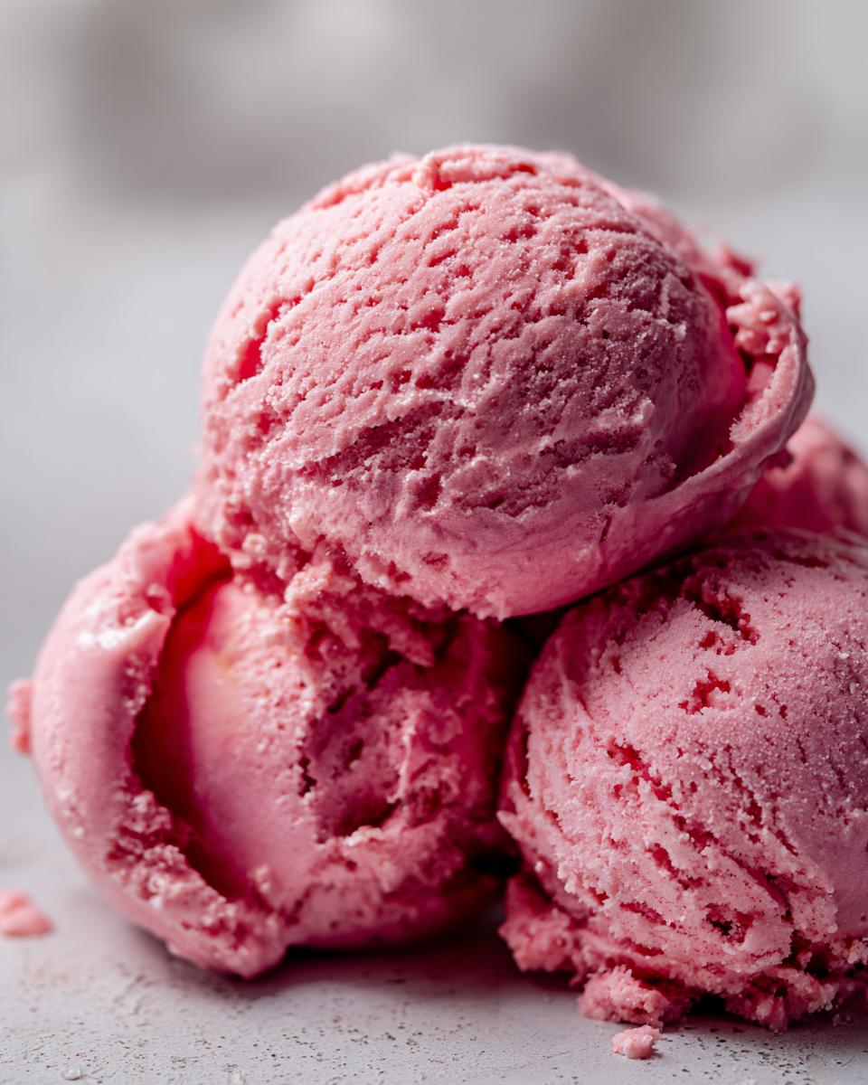 Close-up of three scoops of Strawberry Yogurt Dog Ice Cream, a delicious treat for dogs.