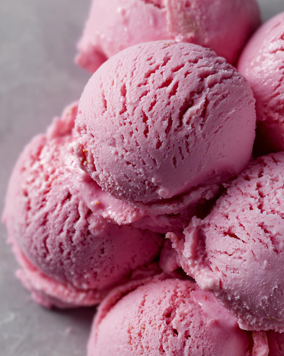 Close-up of several scoops of pink Strawberry Yogurt Dog Ice Cream, perfect for a dog treat.