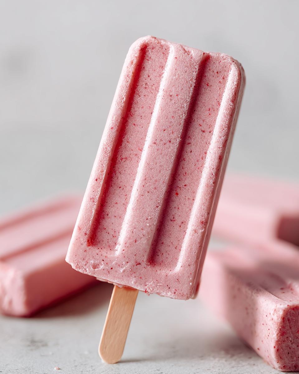 Close-up of a Homemade Strawberry Plain Yogurt Frozen Pup Popsicle on a stick.