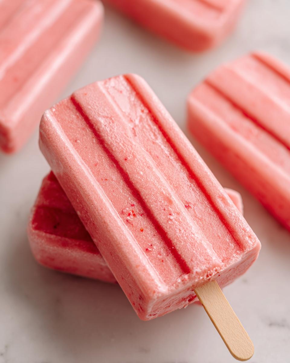 Close-up of Homemade Strawberry Plain Yogurt Frozen Pup Popsicles, a refreshing treat.