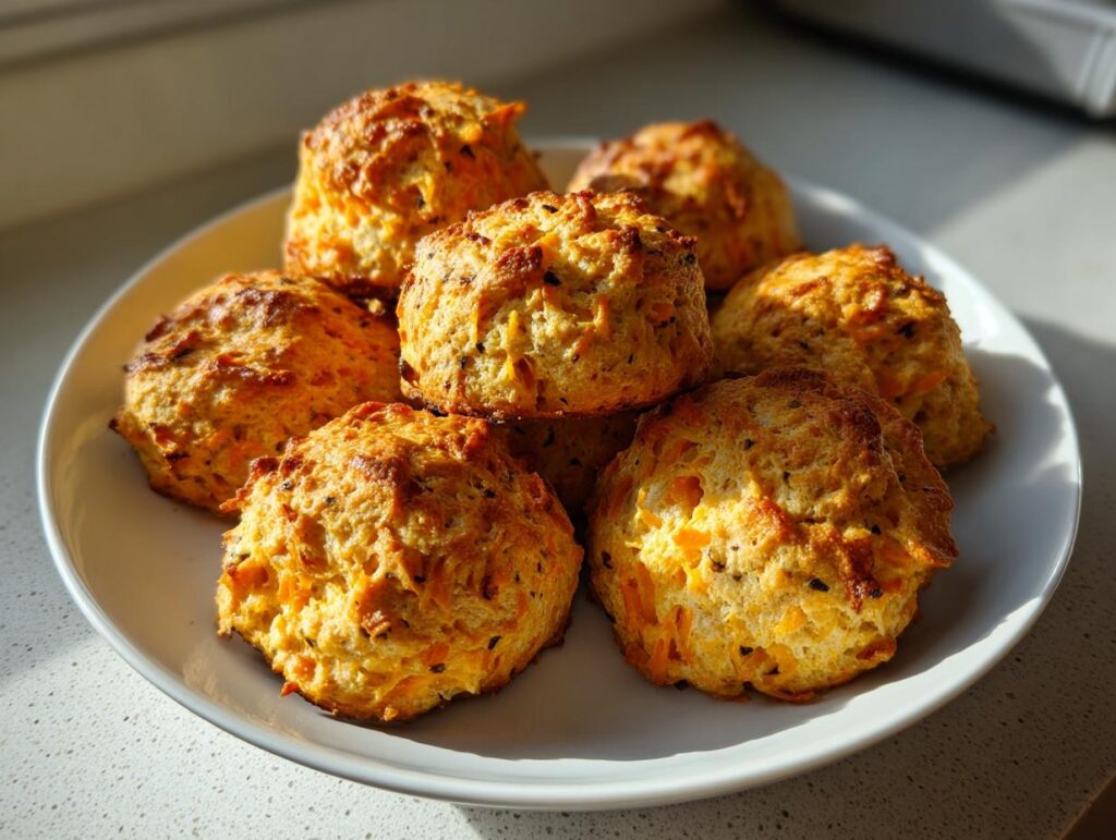 A plate of golden-brown Sweet Potato Carrot Dog Biscuits, perfect treats for your pup.