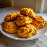 A plate of golden-brown Sweet Potato Carrot Dog Biscuits, perfect treats for your pup.