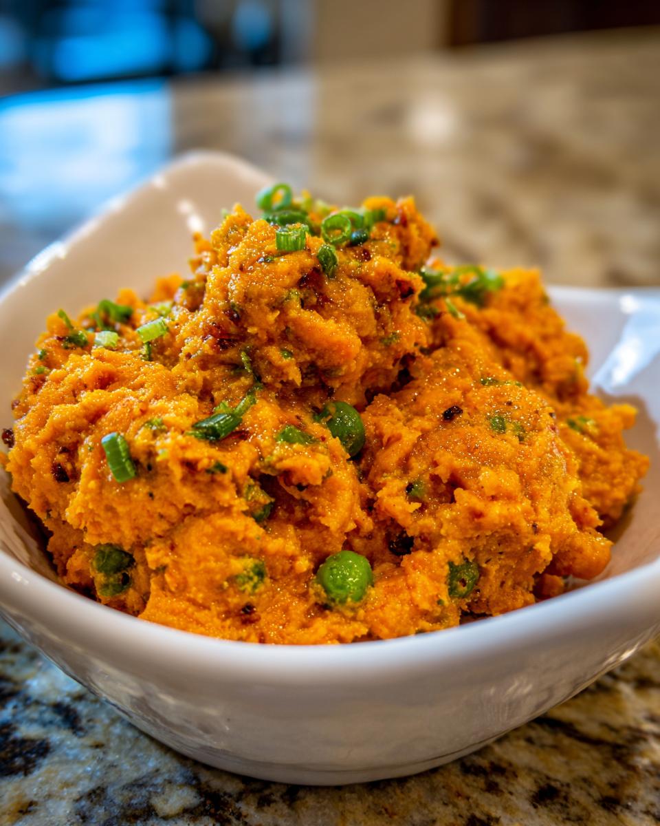 Close-up of Sweet Potato and Pea Puppy Mash in a white bowl, garnished with green onions.