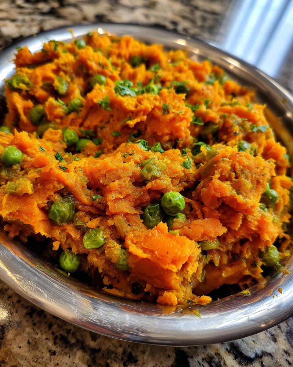 Close-up of Sweet Potato and Pea Puppy Mash Topper in a silver bowl, with peas and parsley.