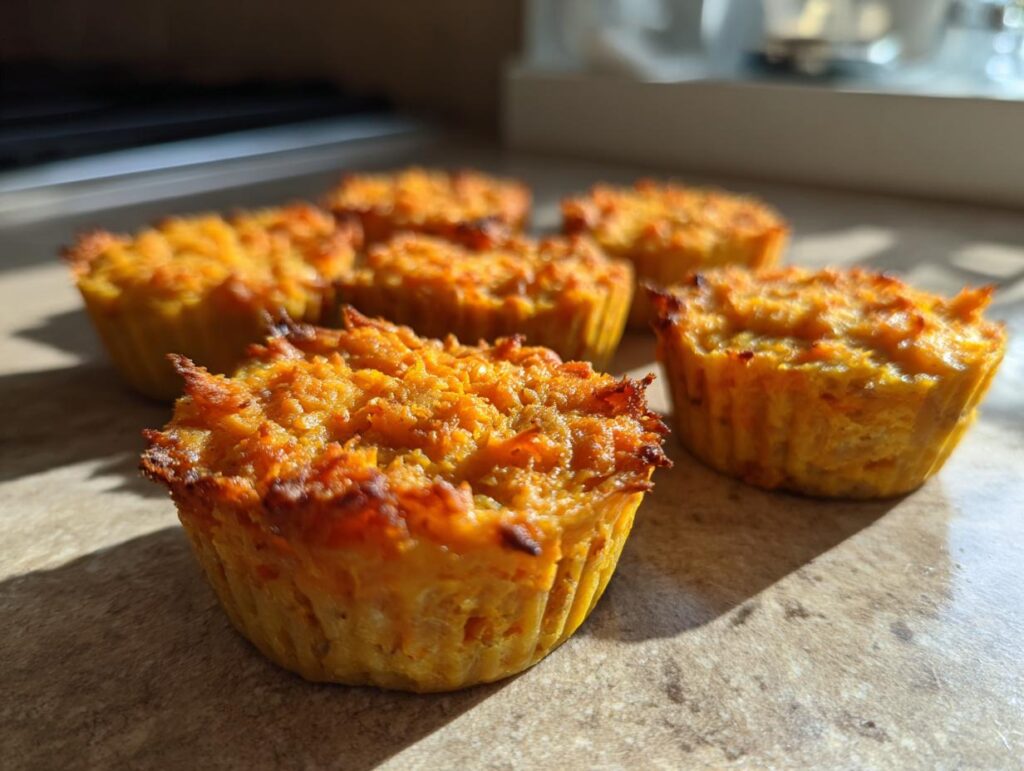 Close-up of baked Sweet Potato & Pumpkin Dog Mash Cups, perfect for your furry friend.