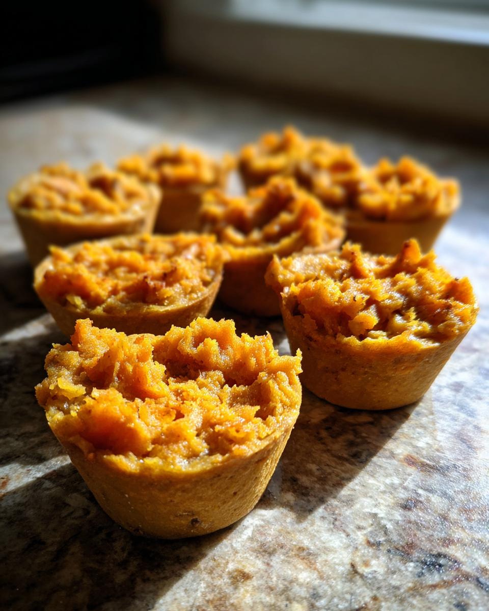 Close-up of several Sweet Potato & Pumpkin Dog Mash Cups on a countertop.