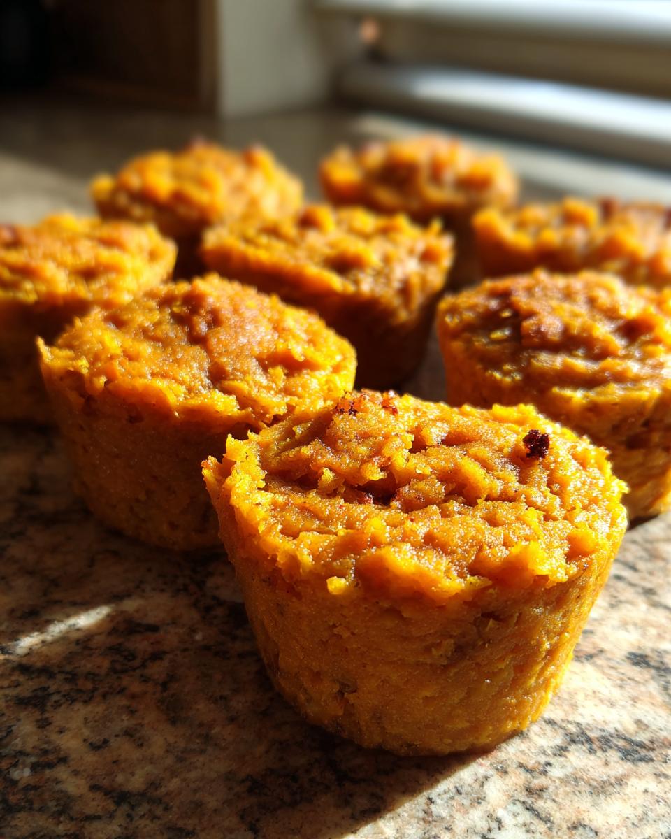 Close-up of several Sweet Potato & Pumpkin Dog Mash Cups, freshly baked and ready to eat.
