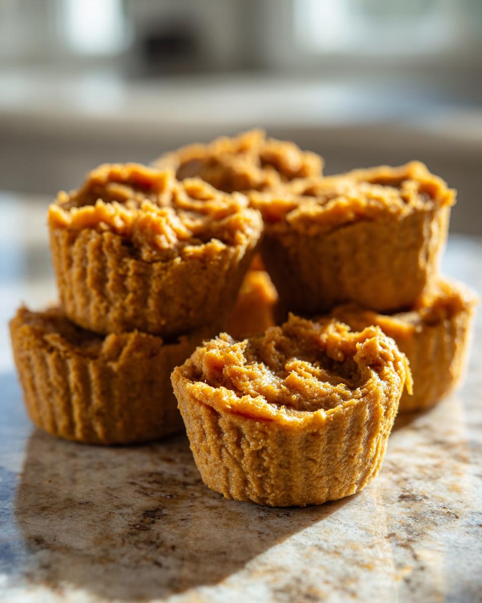 Close-up of a stack of Sweet Potato & Pumpkin Dog Mash Cups, perfect for a healthy dog treat.