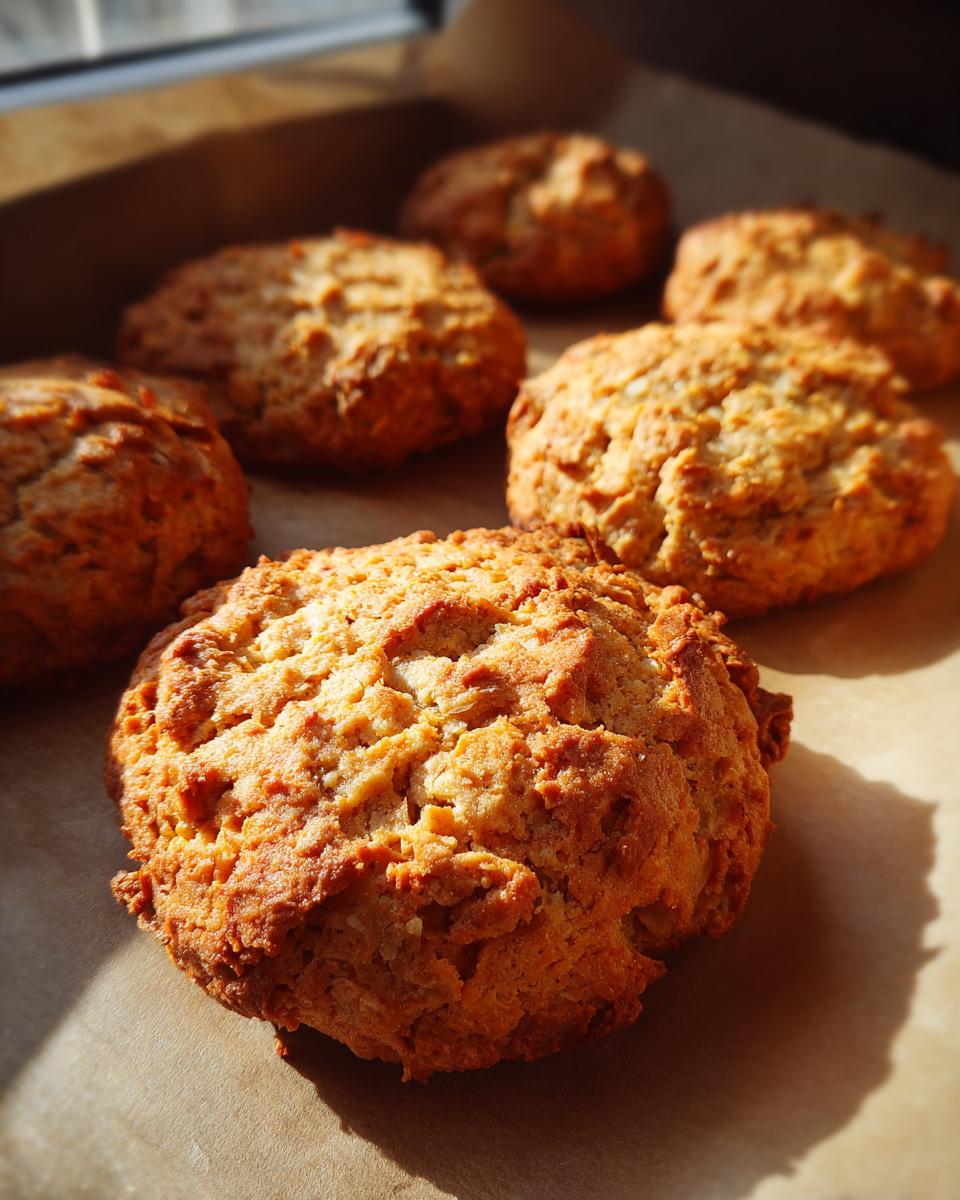 Close-up of freshly baked Tuna & Rice Dog Patties on parchment paper.