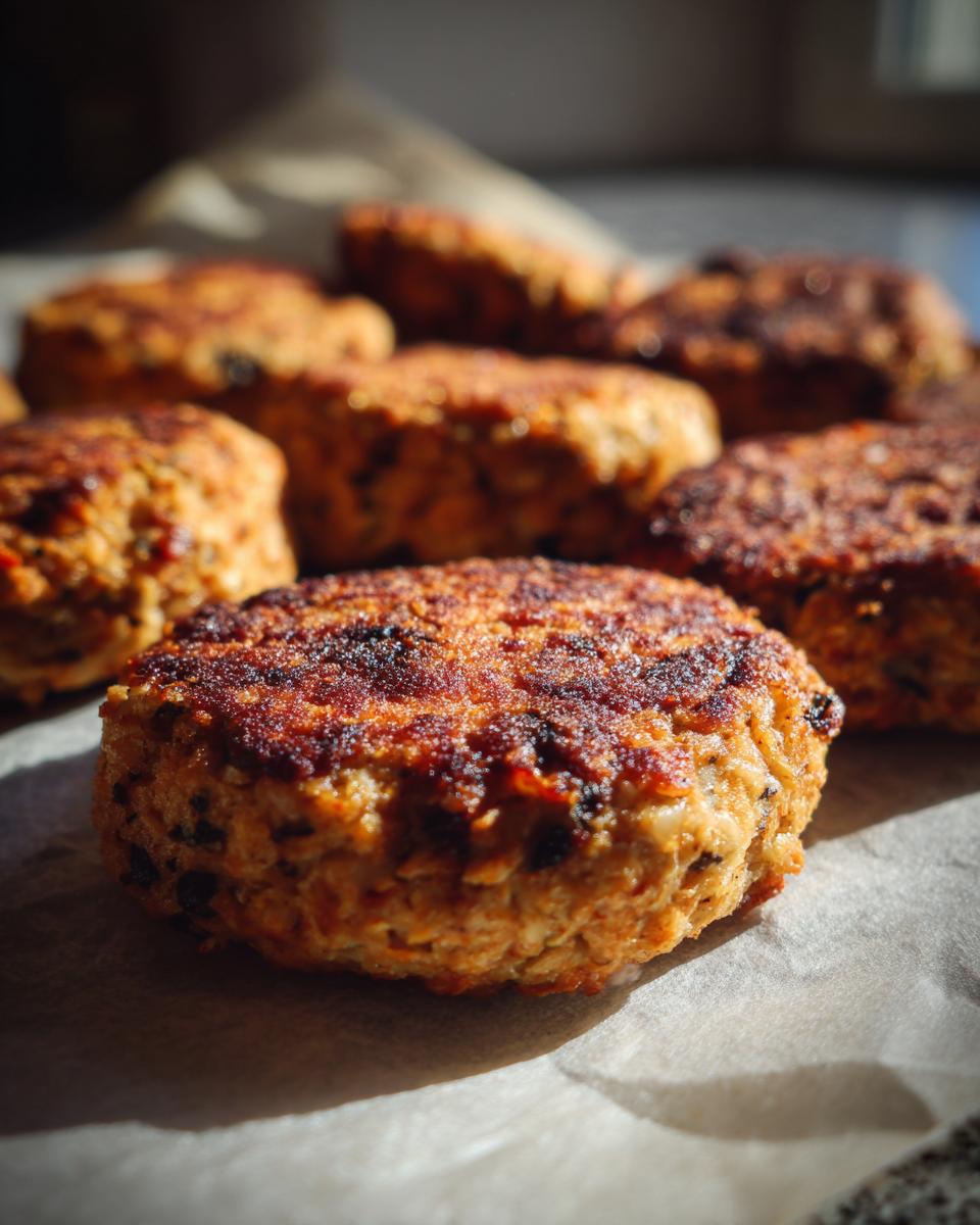Close-up of cooked Tuna & Rice Dog Patties on parchment paper.