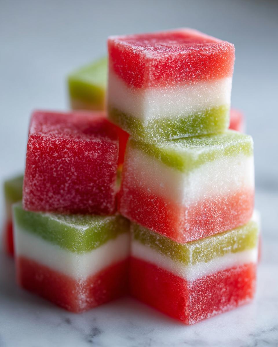 Close-up of colorful Watermelon Coconut Frozen Dog Treat Squares stacked on top of each other.