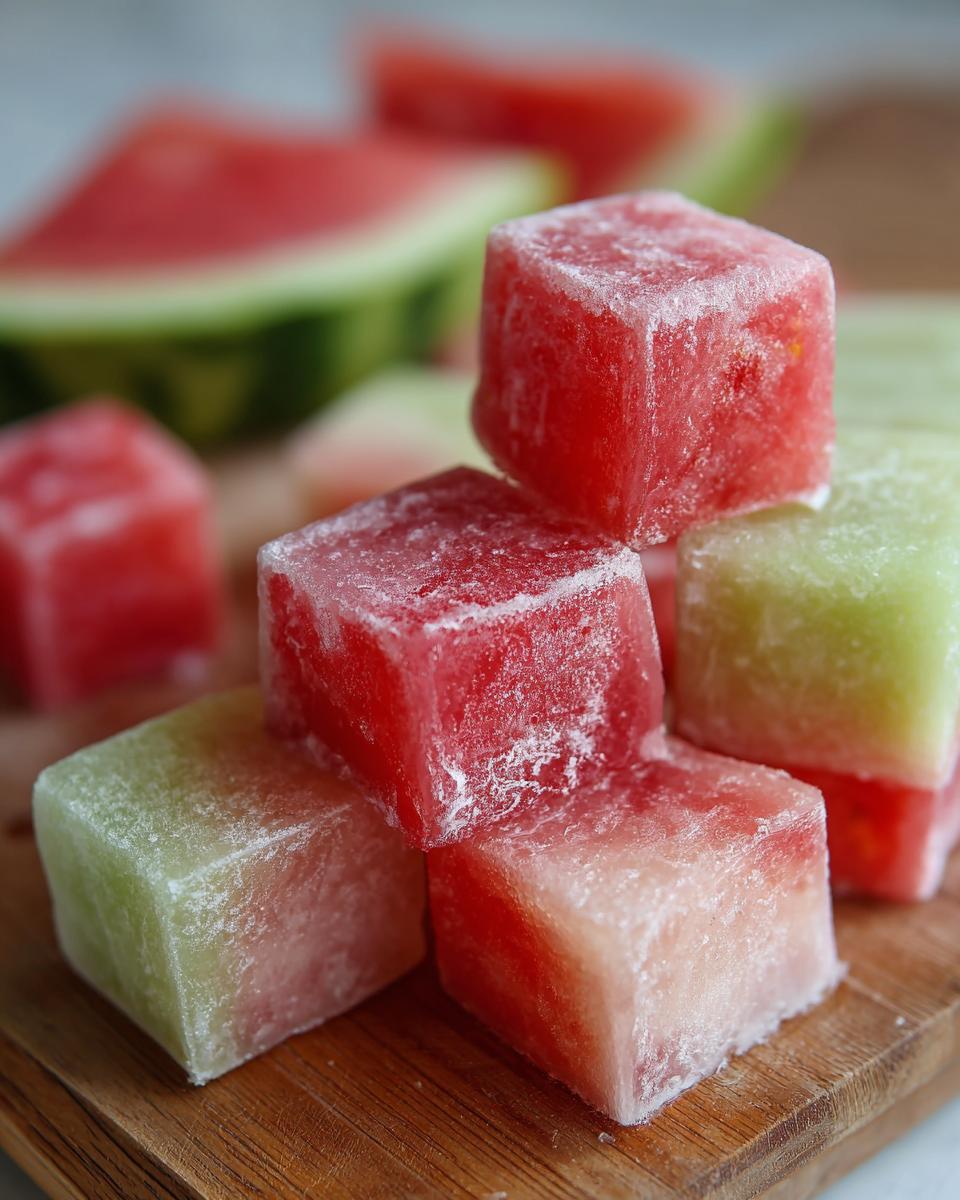 Close-up of frozen cubes of watermelon and coconut dog treats, perfect for cooling your dog.