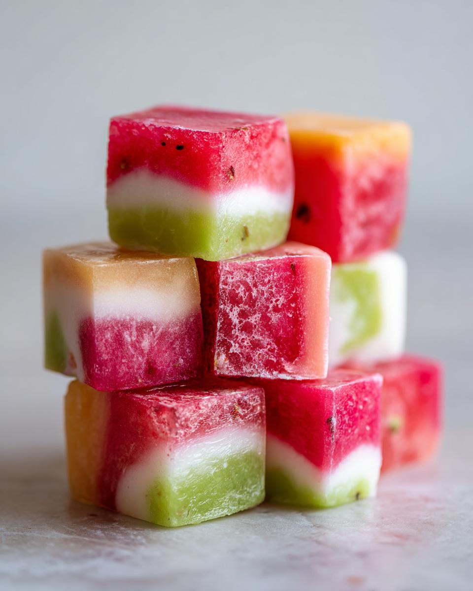 Stack of colorful Watermelon Coconut Frozen Dog Treat Squares, a refreshing dog treat.