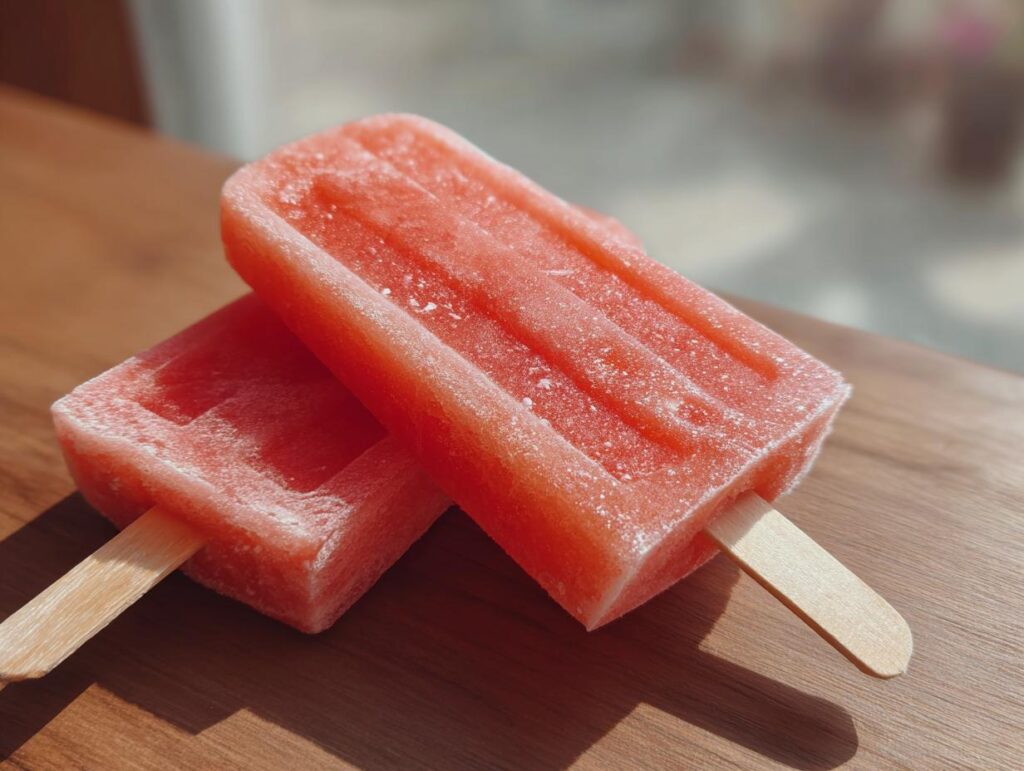 Two frozen Watermelon Yogurt Pupsicles for Dogs on a wooden surface, perfect for a hot day.
