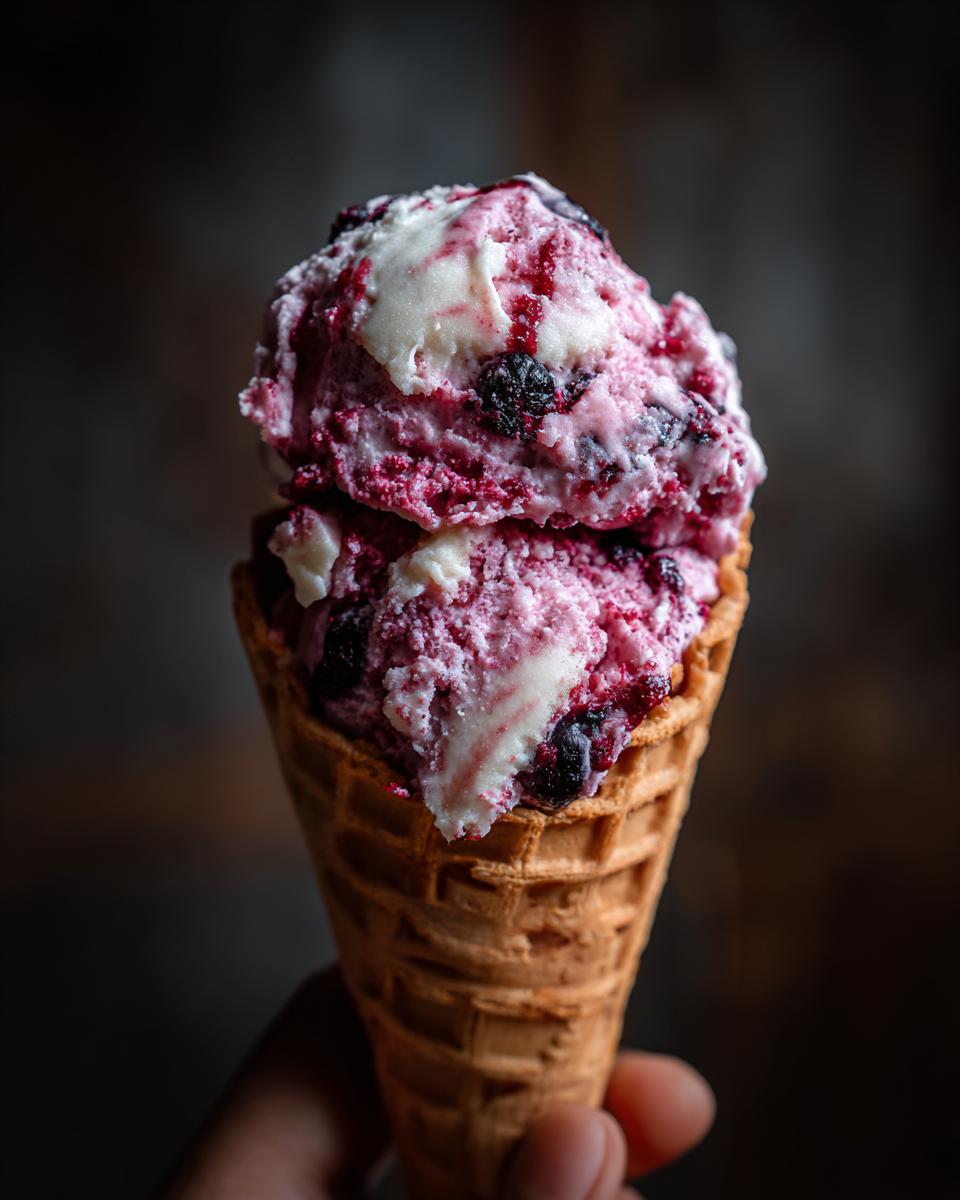 Close-up of a yogurt and berry frozen treat in a waffle cone, perfect for Easy Yogurt Berry Frozen Dog Treats.