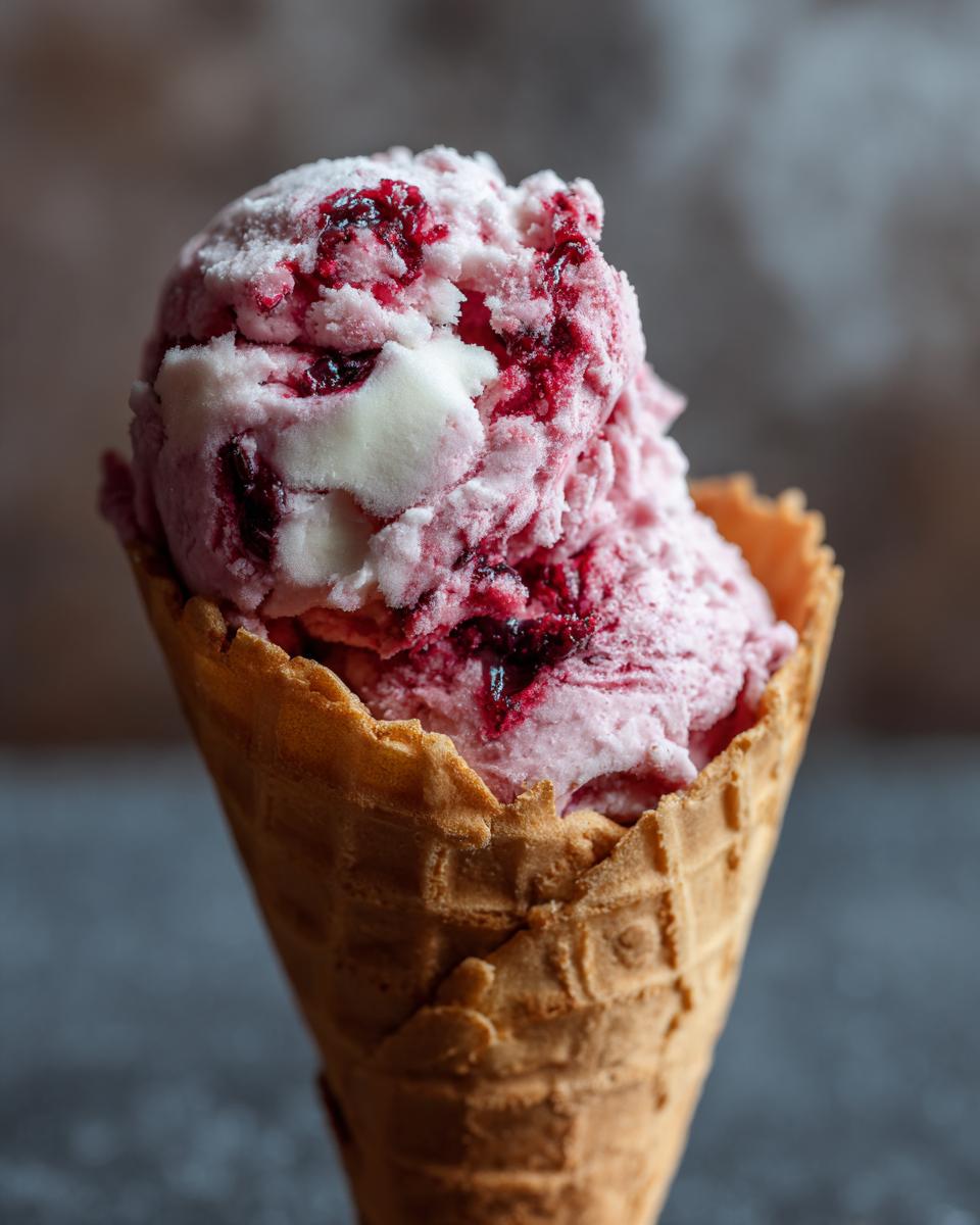 Close-up of a frozen yogurt berry treat in a waffle cone, perfect for dogs. This is an Easy Yogurt Berry Frozen Dog Treat.