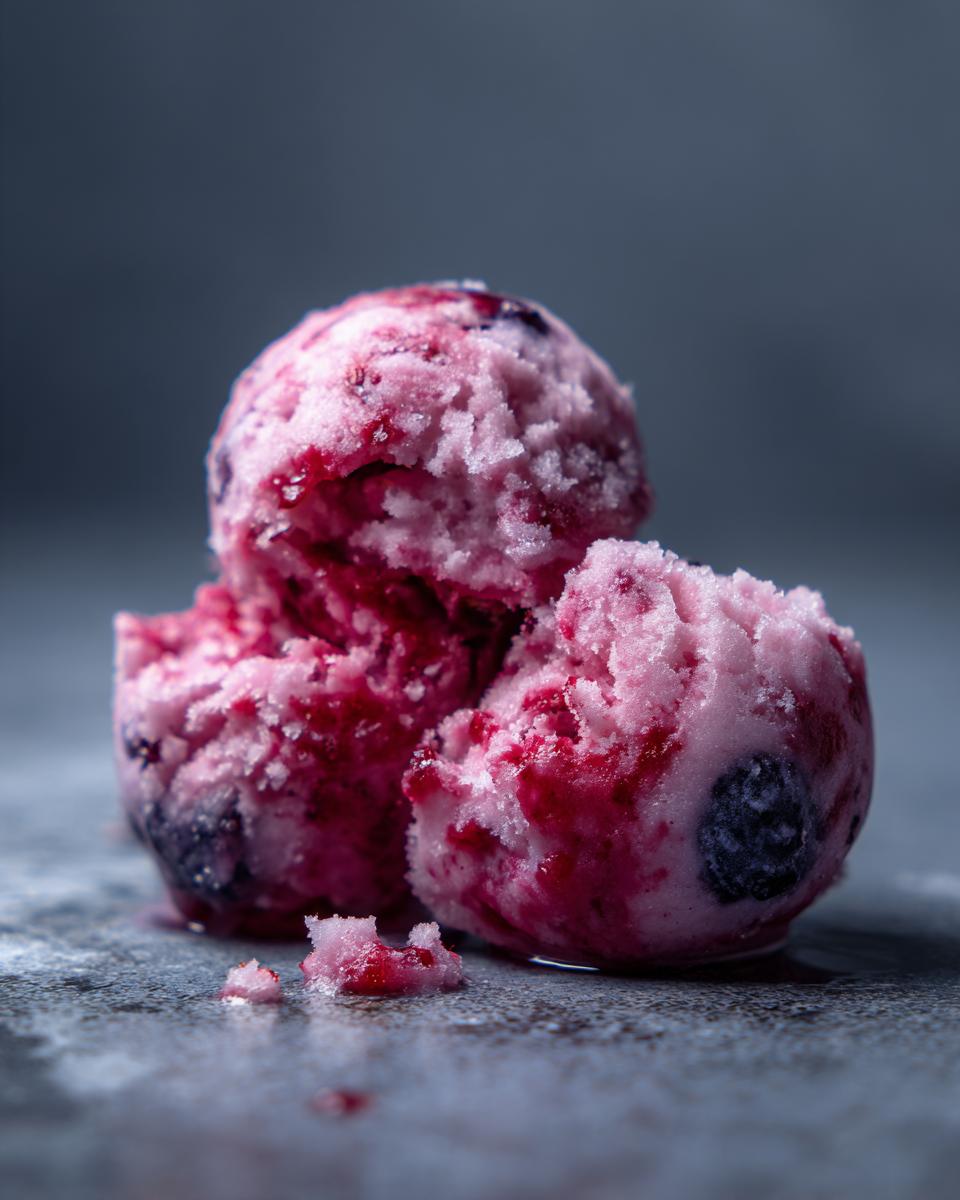Close-up of three scoops of Easy Yogurt Berry Frozen Dog Treats, showing texture and berries.
