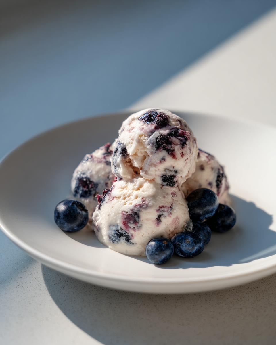 Close-up of Yogurt Blueberry Frozen Dog Drops on a white plate, with fresh blueberries.
