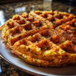 Close-up of a golden-brown Zucchini Chicken Savory Dog Waffle on a white plate.