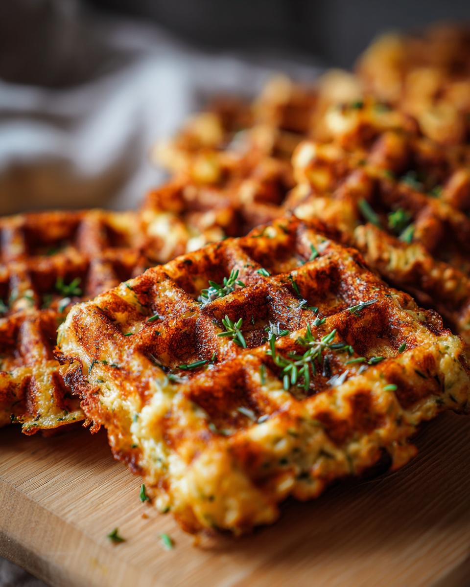 Close-up of golden-brown Zucchini Chicken Savory Dog Waffles on a wooden board, garnished with herbs.