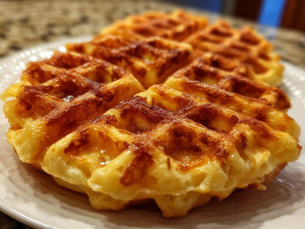 Close-up of golden-brown Zucchini Chicken Savory Dog Waffles on a white plate.