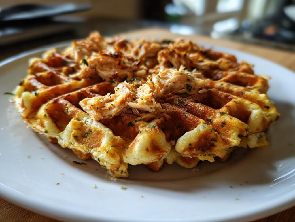 Close-up of a Zucchini Chicken Oat Dog Treat Waffle on a white plate.