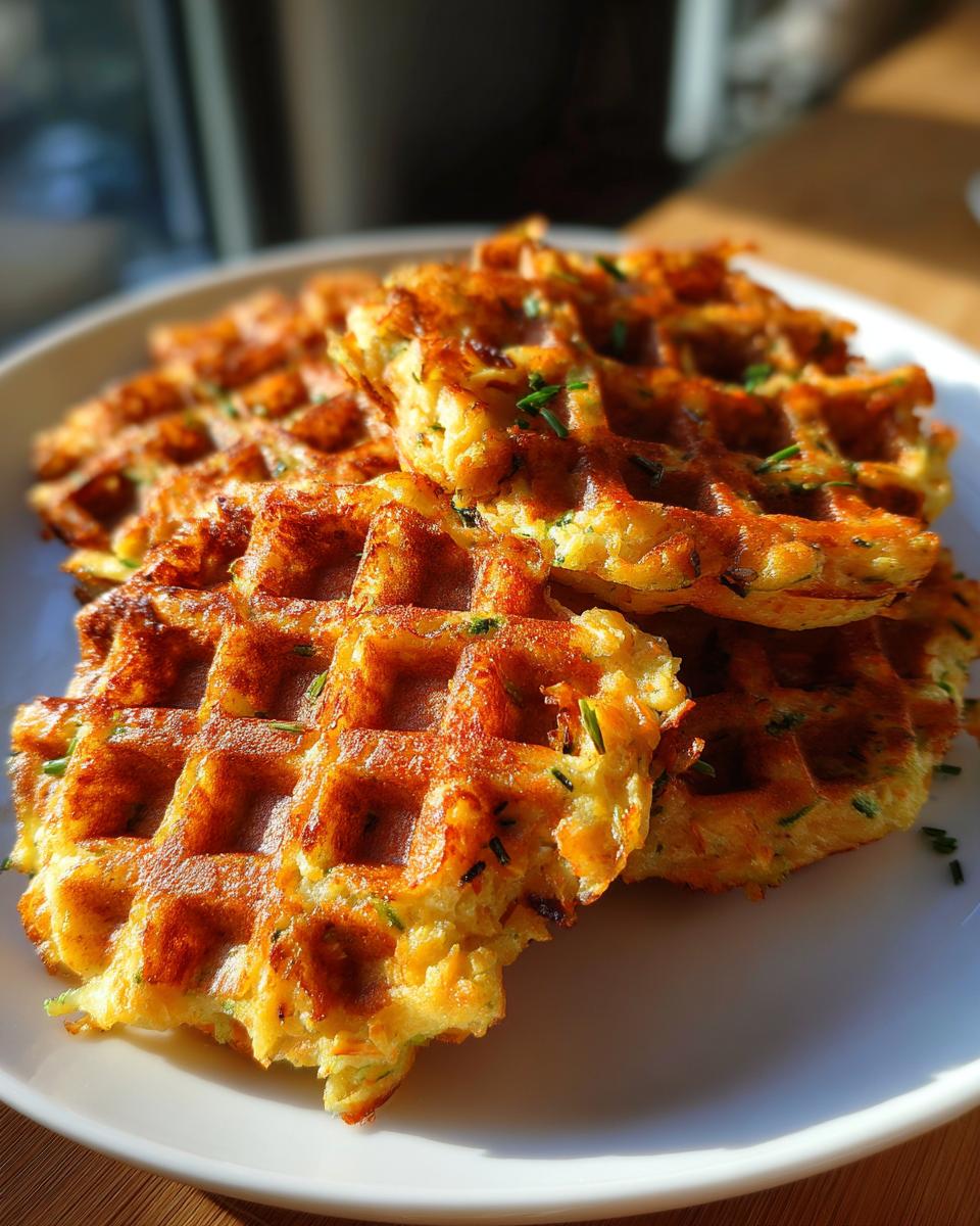 Close-up of golden-brown Zucchini Chicken Oat Dog Treat Waffles on a white plate, sprinkled with herbs.