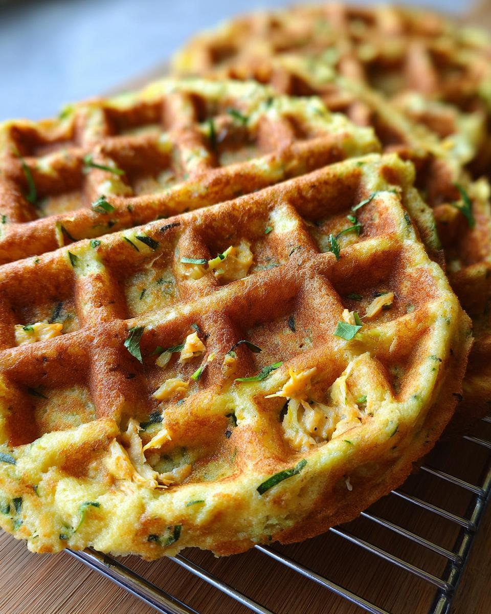 Close-up of golden-brown Zucchini Chicken Oat Dog Treat Waffles, a healthy treat for dogs.