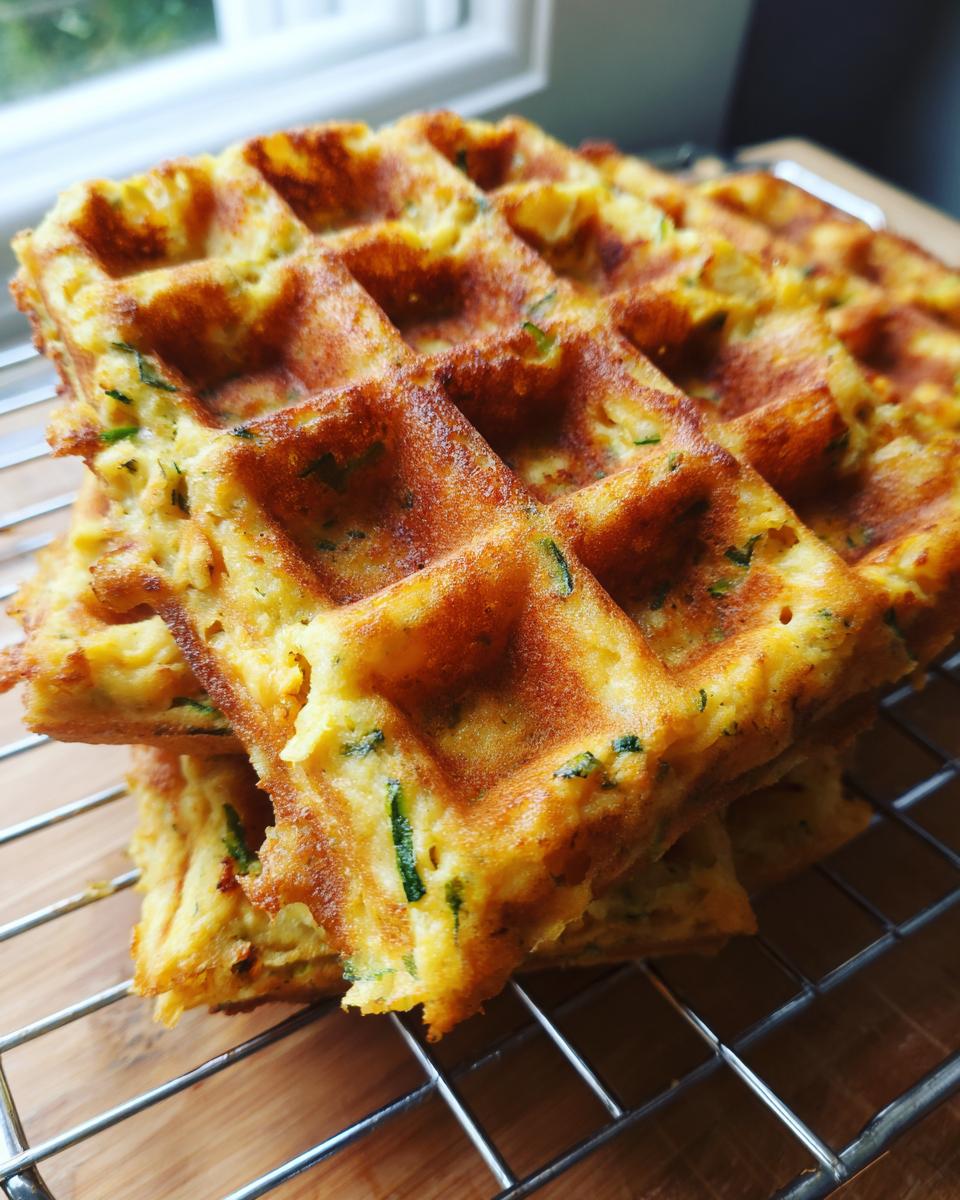 Close-up of a stack of golden-brown Zucchini Chicken Oat Dog Treat Waffles on a wire rack.