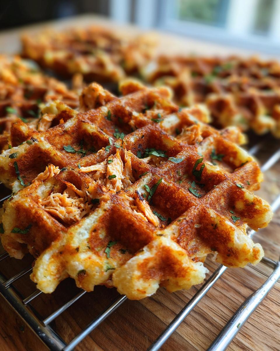 Close-up of freshly baked Zucchini Chicken Oat Dog Treat Waffles on a cooling rack.
