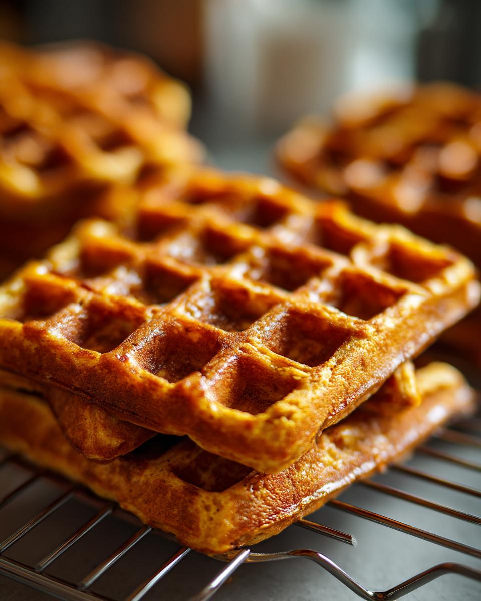 Close-up of golden, cooked Zucchini Chicken Savory Dog Waffles on a cooling rack.