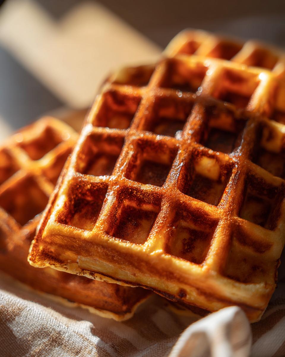 Close-up of golden-brown Zucchini Chicken Savory Dog Waffles, perfect for your furry friend.
