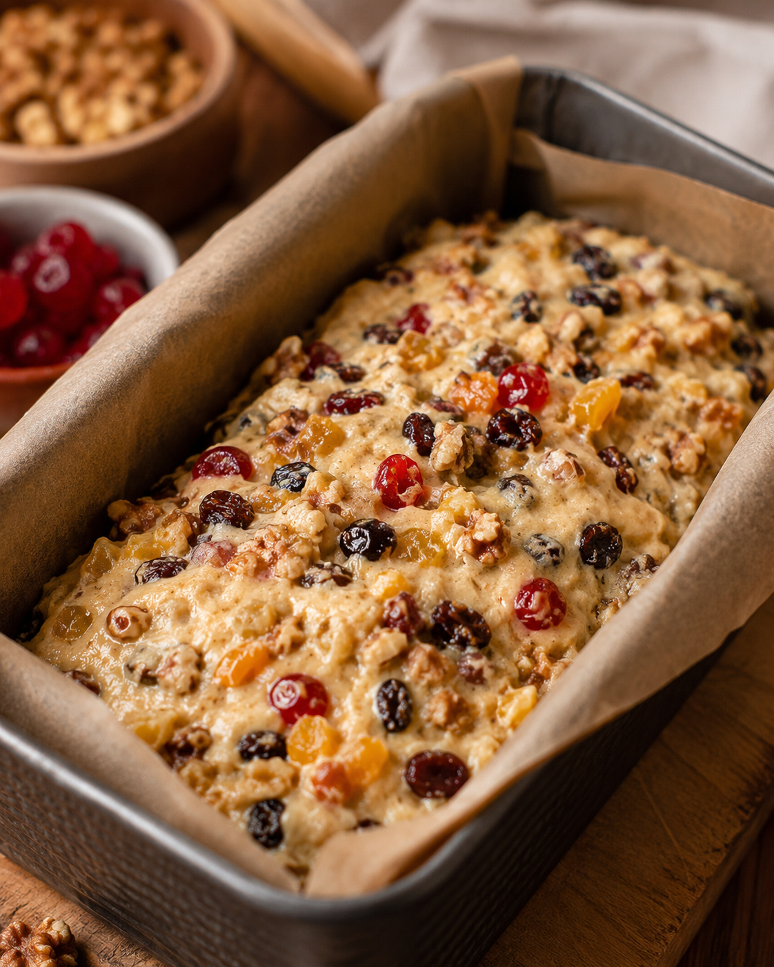 Fruit cake batter filled with dried fruit in a lined loaf pan