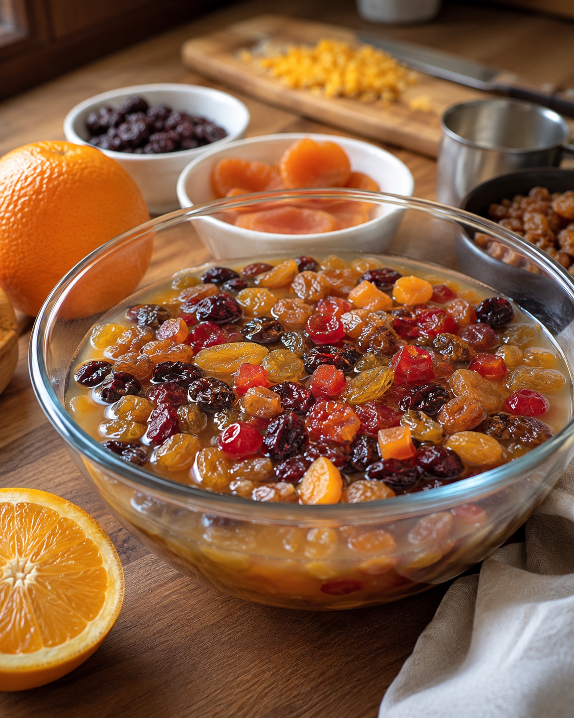 Dried fruit soaking in orange juice before making fruit cake