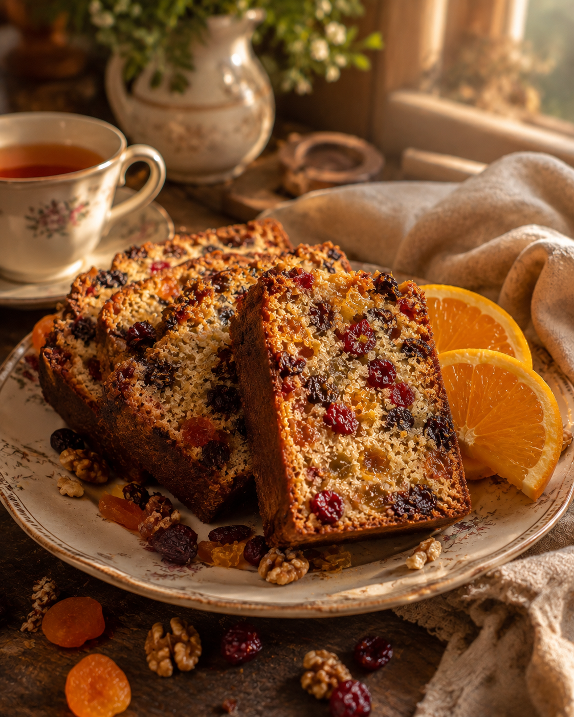 Slices of homemade fruit cake served with tea