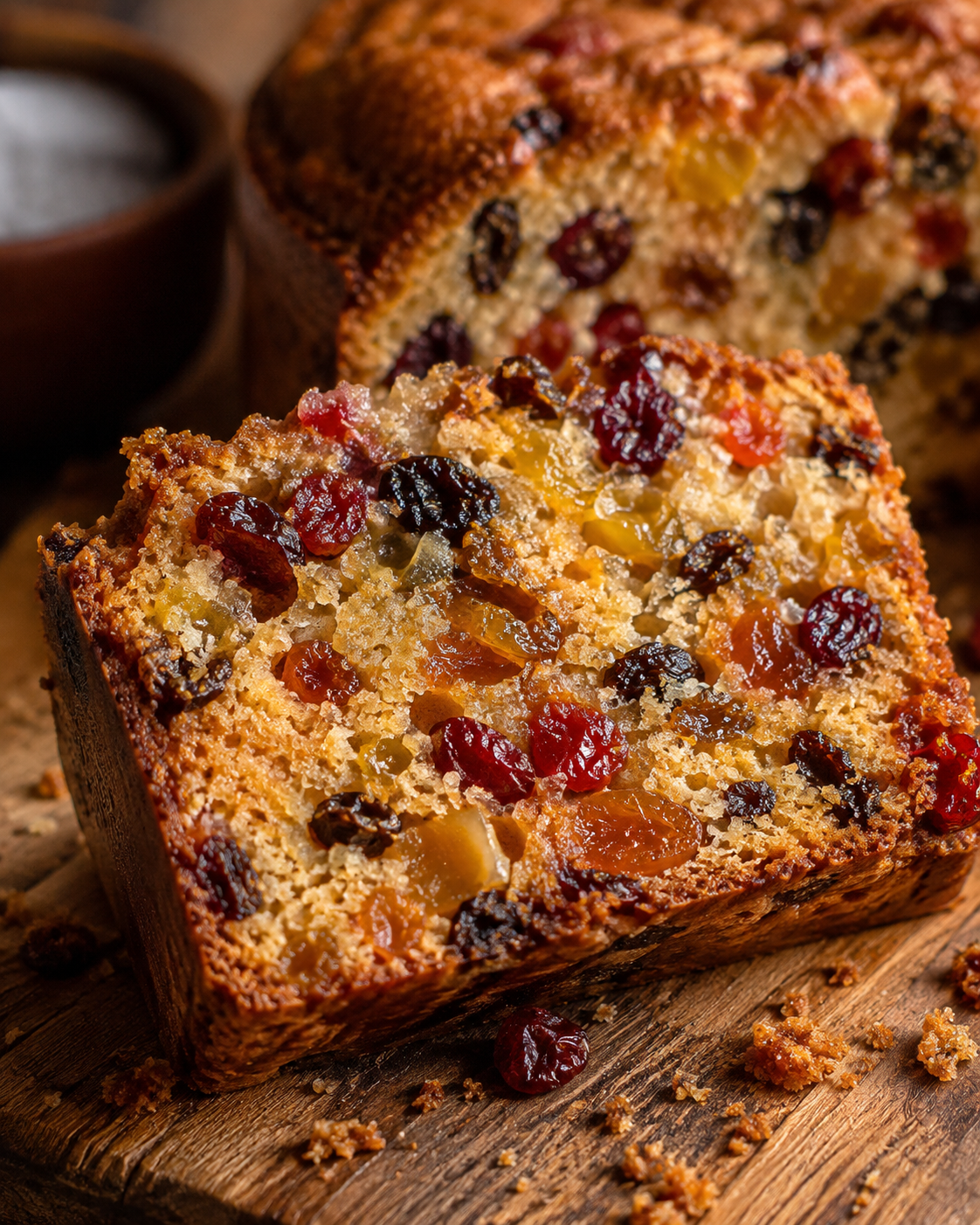 Close-up slice of moist fruit cake showing raisins, cranberries and dried fruit