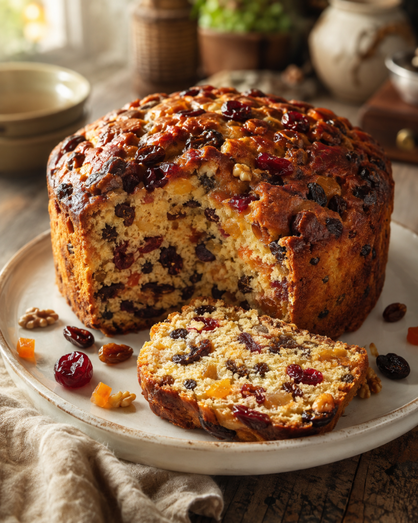 Traditional fruit cake packed with raisins and dried fruit