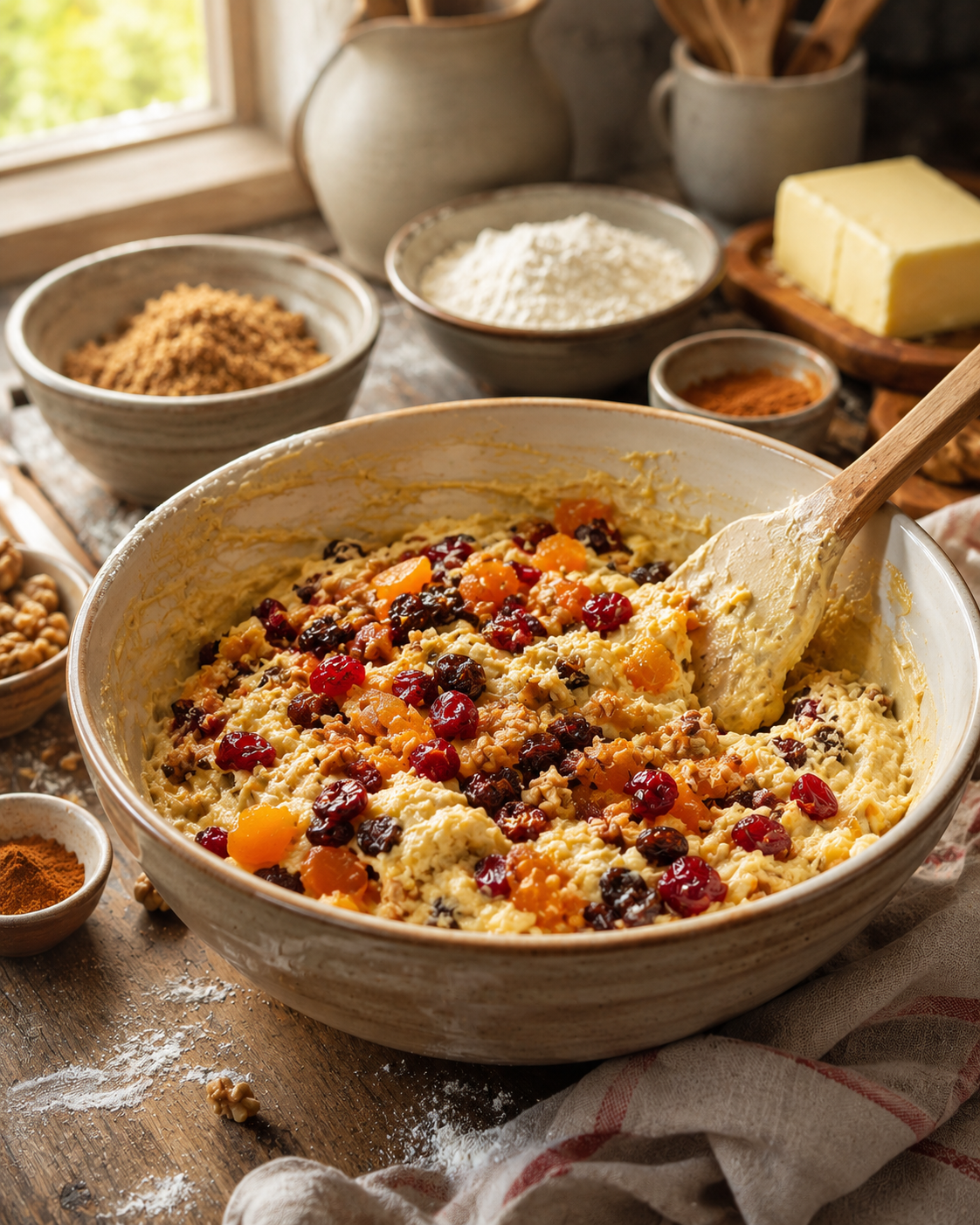 Fruit cake batter being mixed with dried fruit and nuts