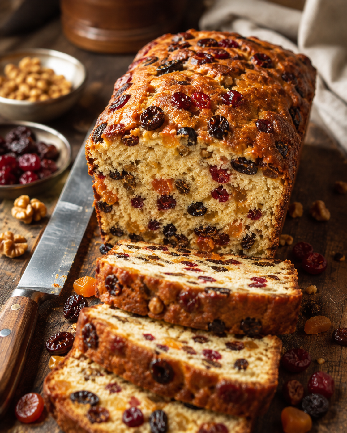 Traditional fruit cake being sliced to reveal its moist fruit-filled crumb