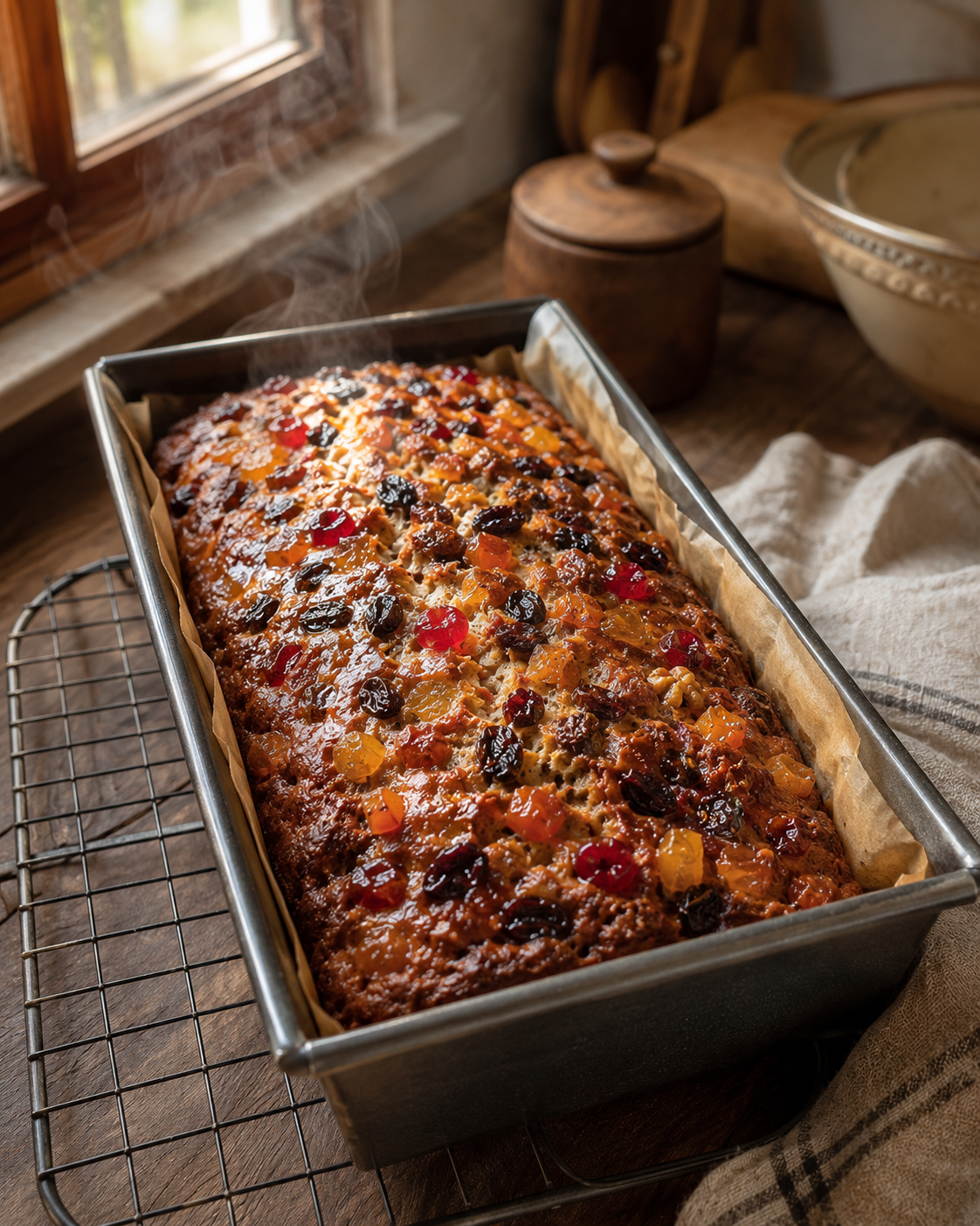 Golden-brown traditional fruit cake fresh from the oven