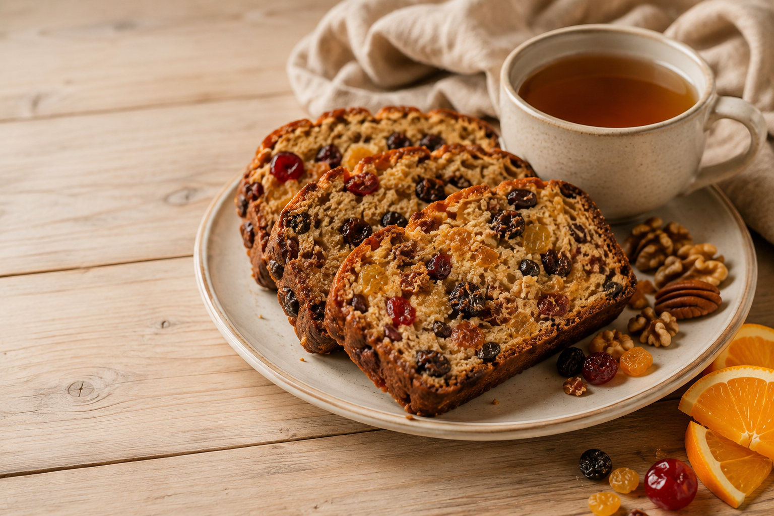 Homemade moist fruit cake slices served with tea