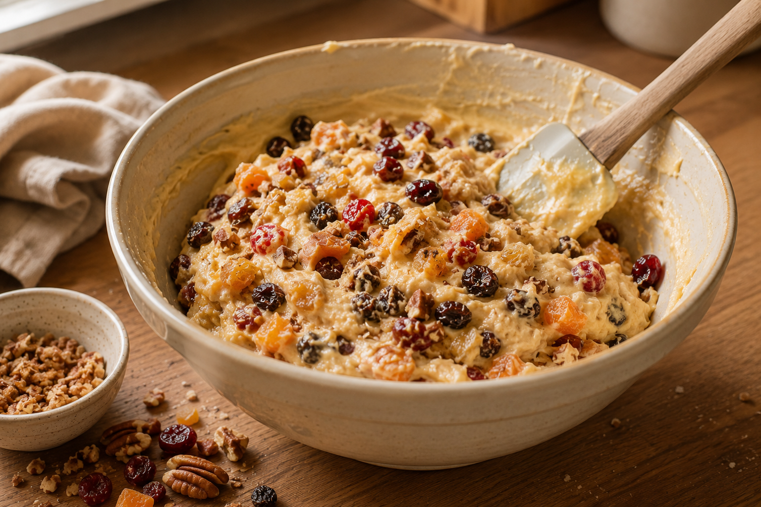 Dried fruit and chopped nuts folded into moist fruit cake batter