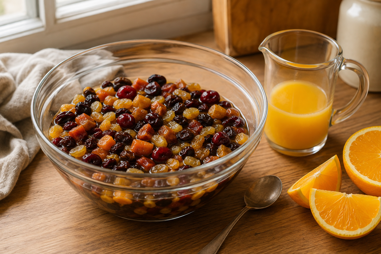 Dried fruit soaking in orange juice before making fruit cake