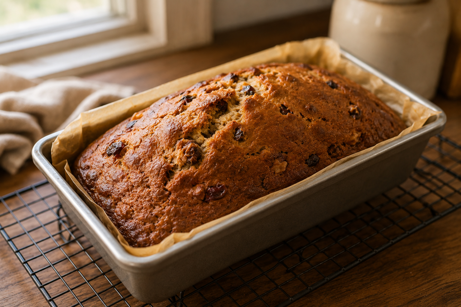 Freshly baked golden-brown fruit cake cooling in a loaf pan