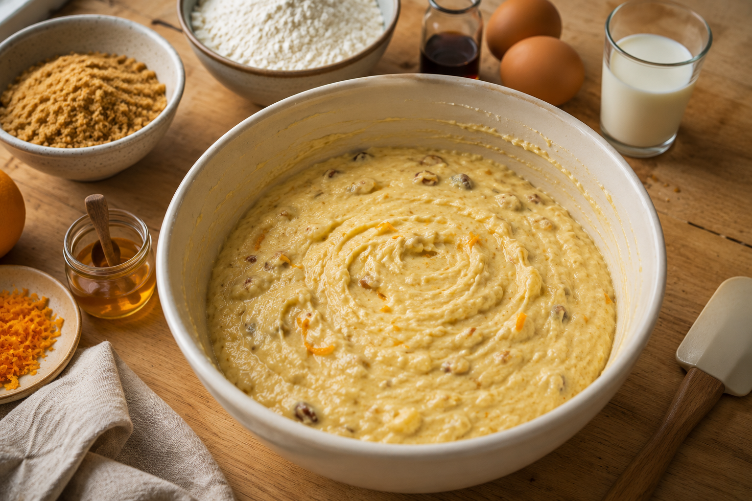 Homemade fruit cake batter with brown sugar, orange zest and eggs
