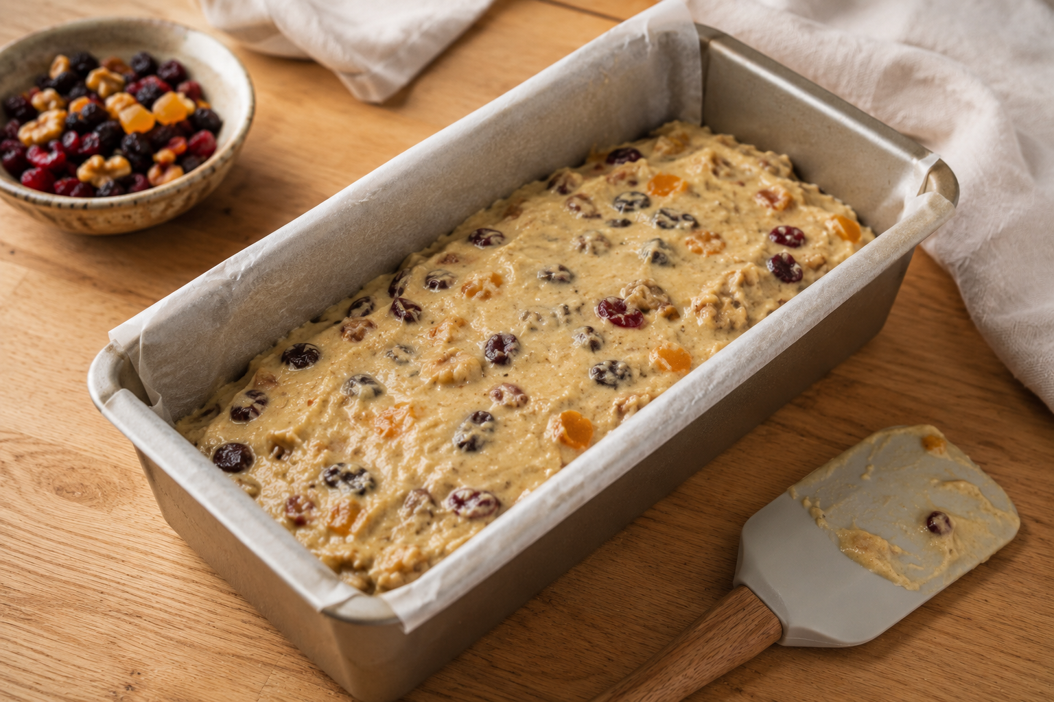 Fruit cake batter filled with dried fruit and nuts in a loaf pan